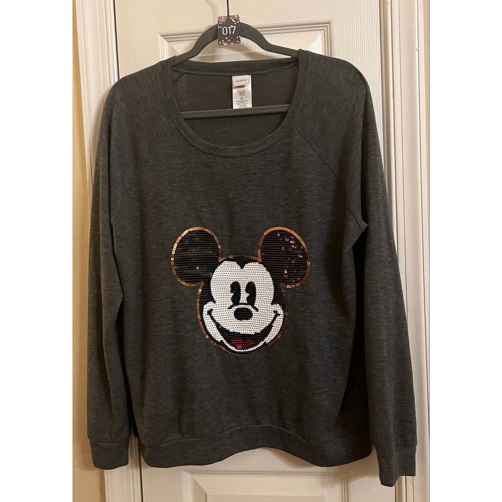 Disney Mickey Mouse Sequin Graphic Sweatshirt Gray Raglan Pullover XL 15/17